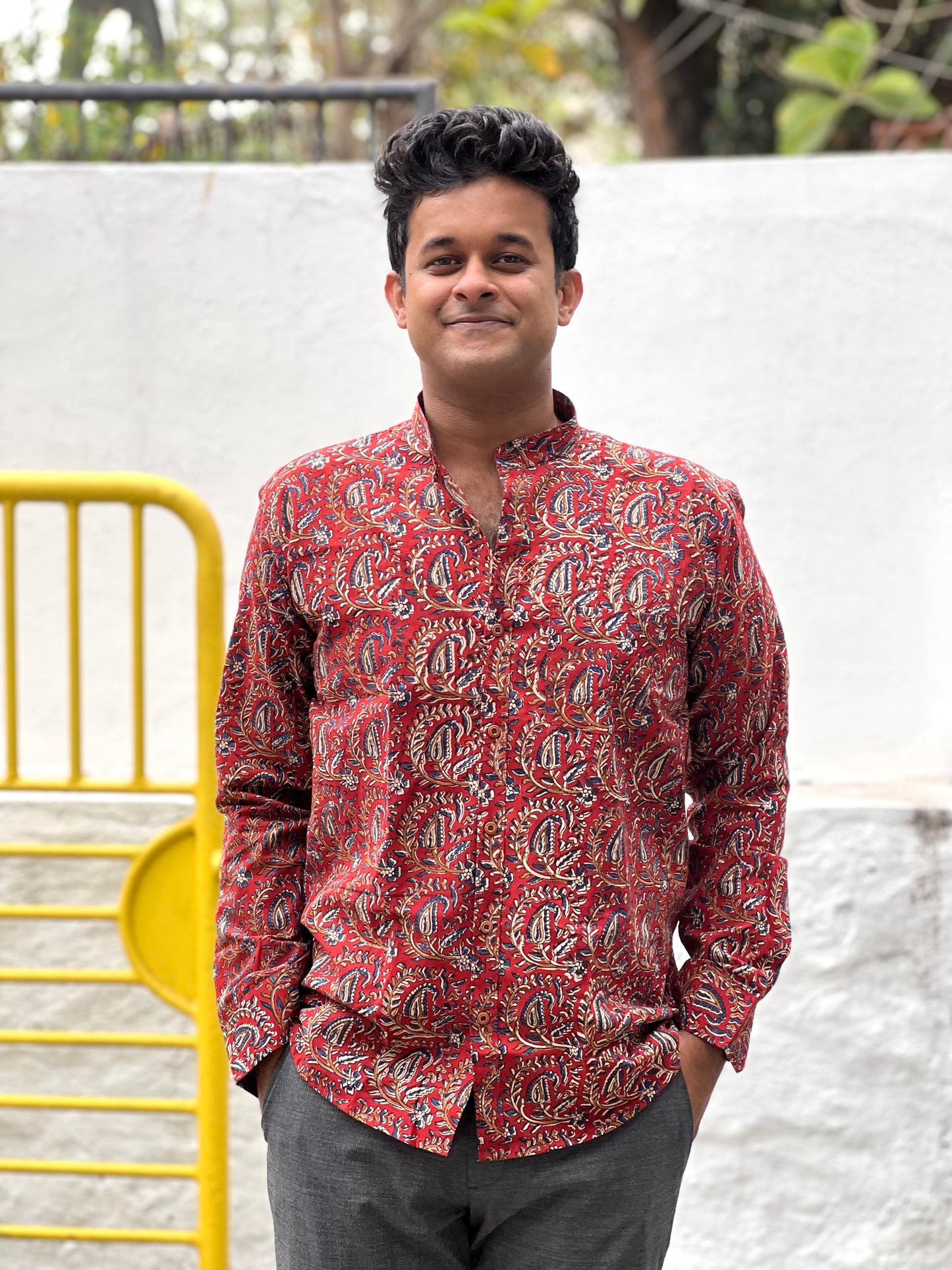 Southloom Jaipur Cotton Red Floral Hand Block Printed Shirt (Full Sleeves)