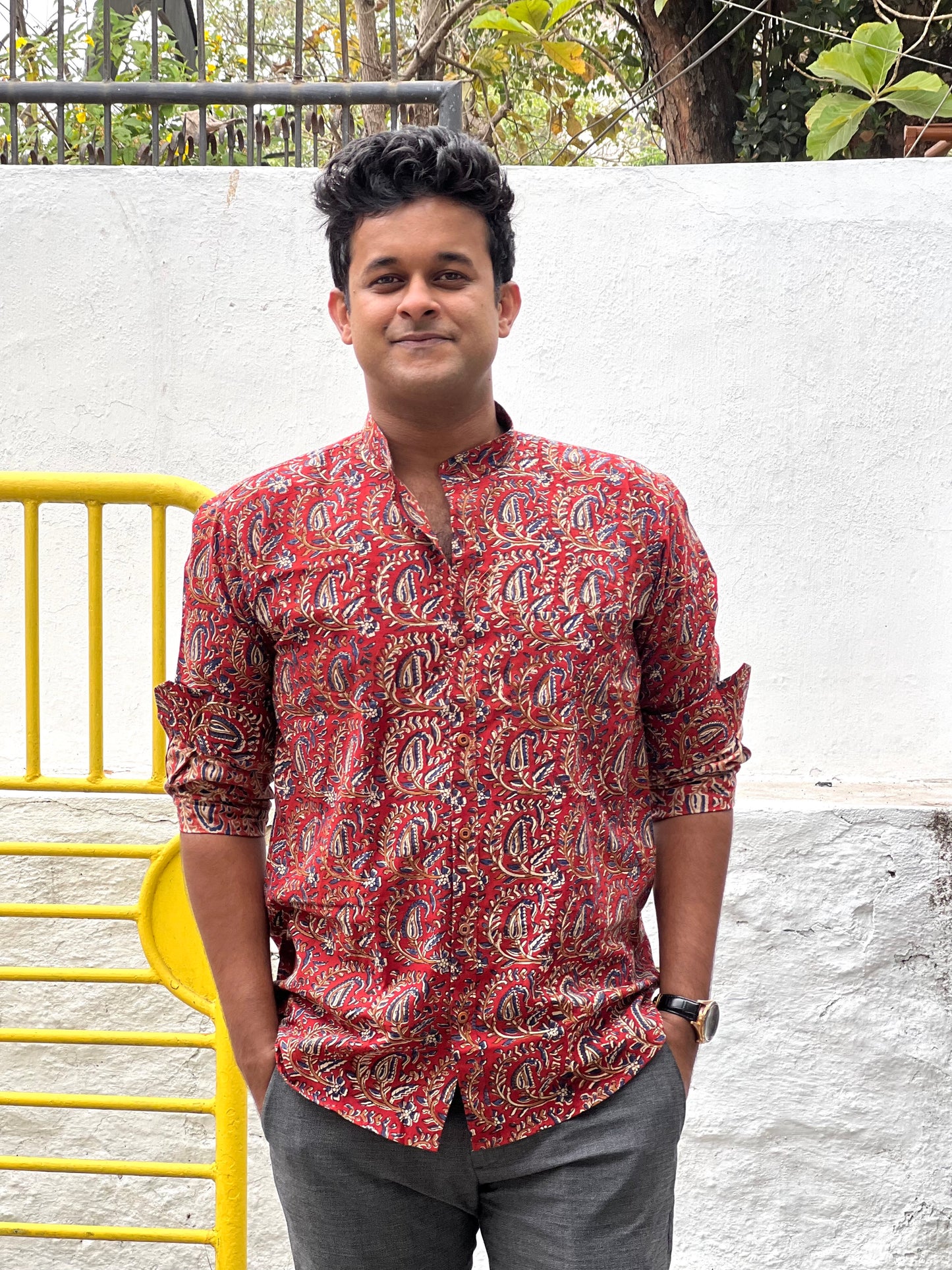 Southloom Jaipur Cotton Red Floral Hand Block Printed Shirt (Full Sleeves)