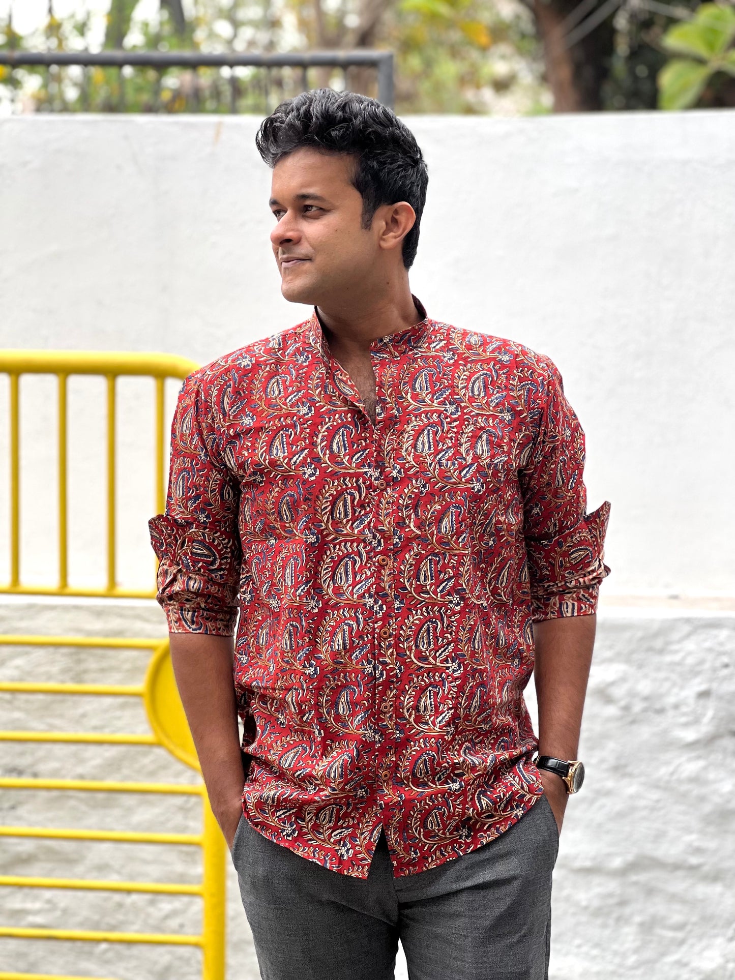 Southloom Jaipur Cotton Red Floral Hand Block Printed Shirt (Full Sleeves)