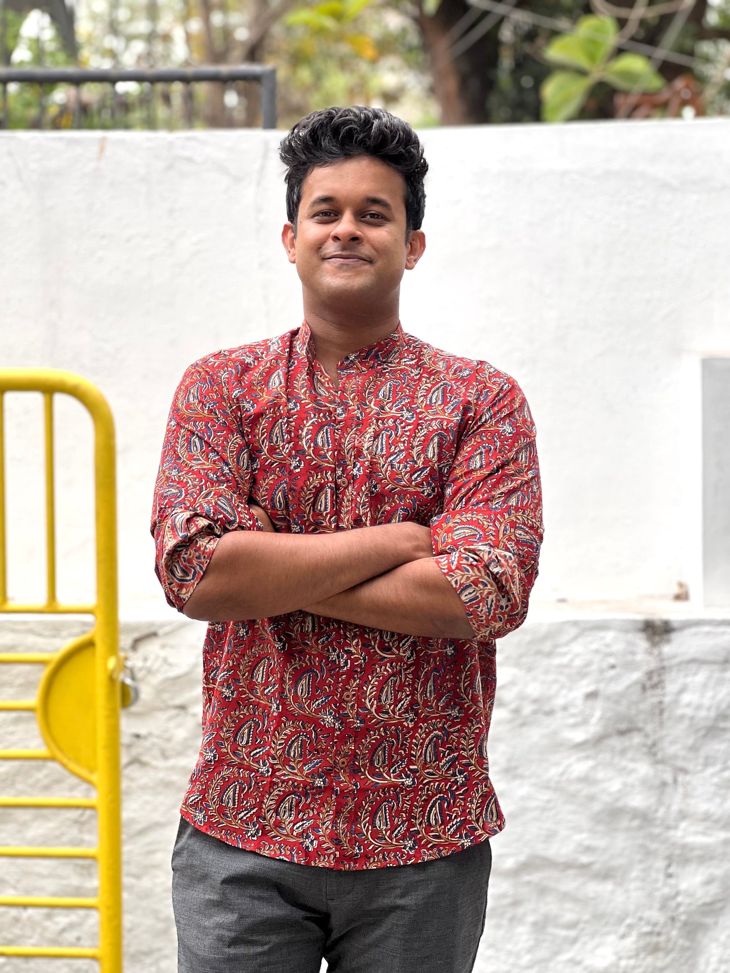 Southloom Jaipur Cotton Red Floral Hand Block Printed Shirt (Full Sleeves)