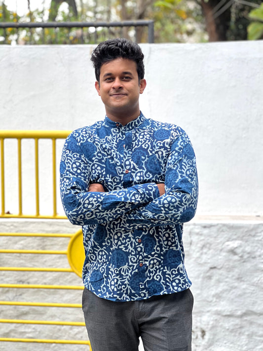 Southloom Jaipur Cotton Blue Hand Block Printed Shirt (Full Sleeves)