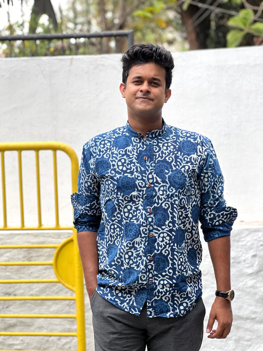 Southloom Jaipur Cotton Blue Hand Block Printed Shirt (Full Sleeves)