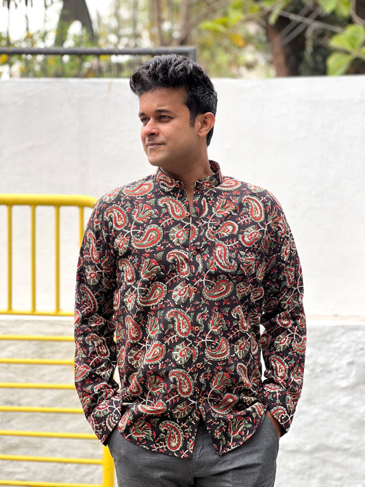 Southloom Jaipur Cotton Black and Red Hand Block Printed Shirt (Full Sleeves)