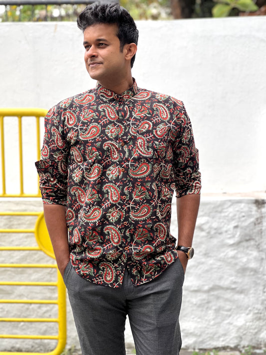 Southloom Jaipur Cotton Black and Red Hand Block Printed Shirt (Full Sleeves)