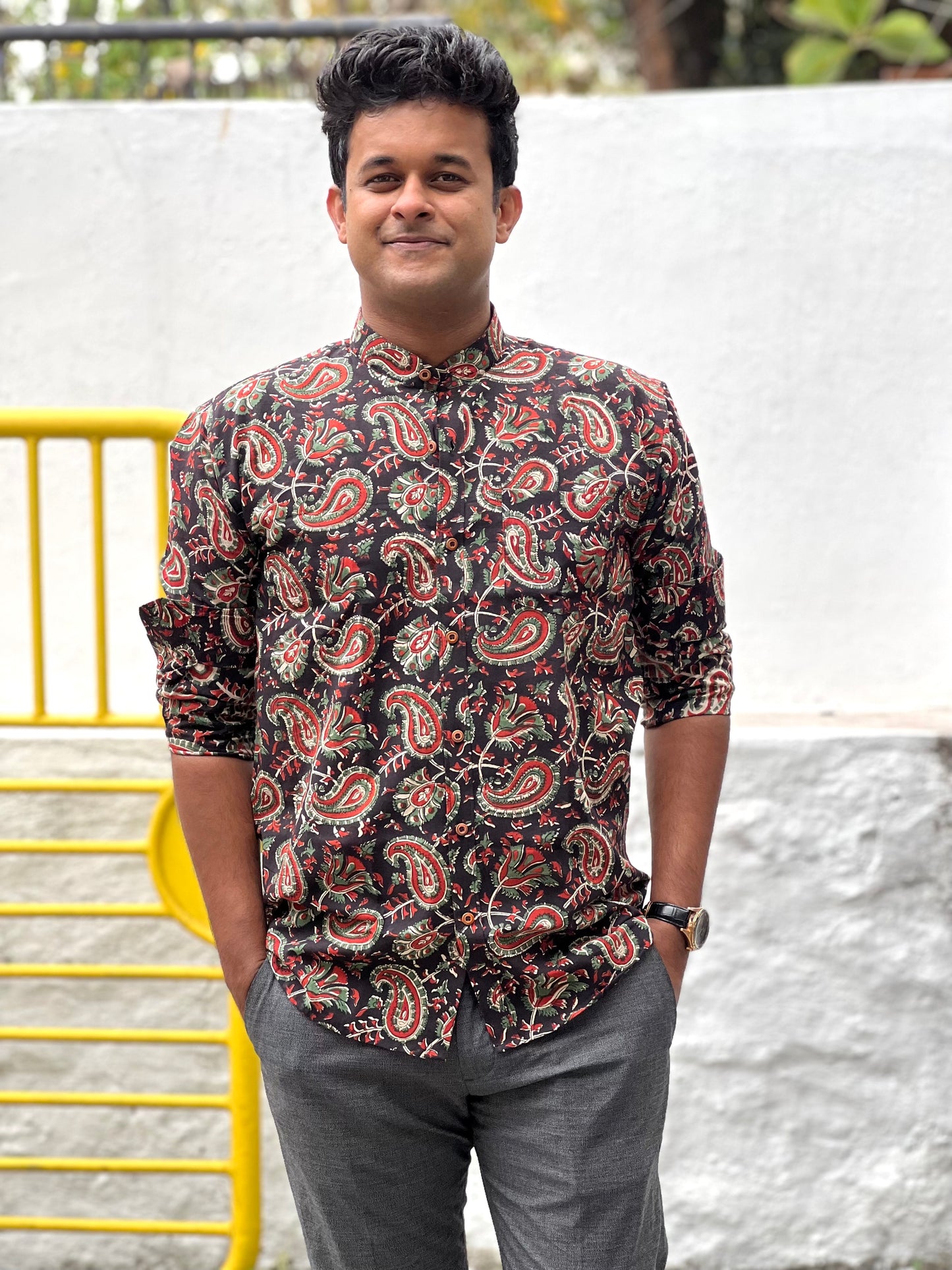 Southloom Jaipur Cotton Black and Red Hand Block Printed Shirt (Full Sleeves)