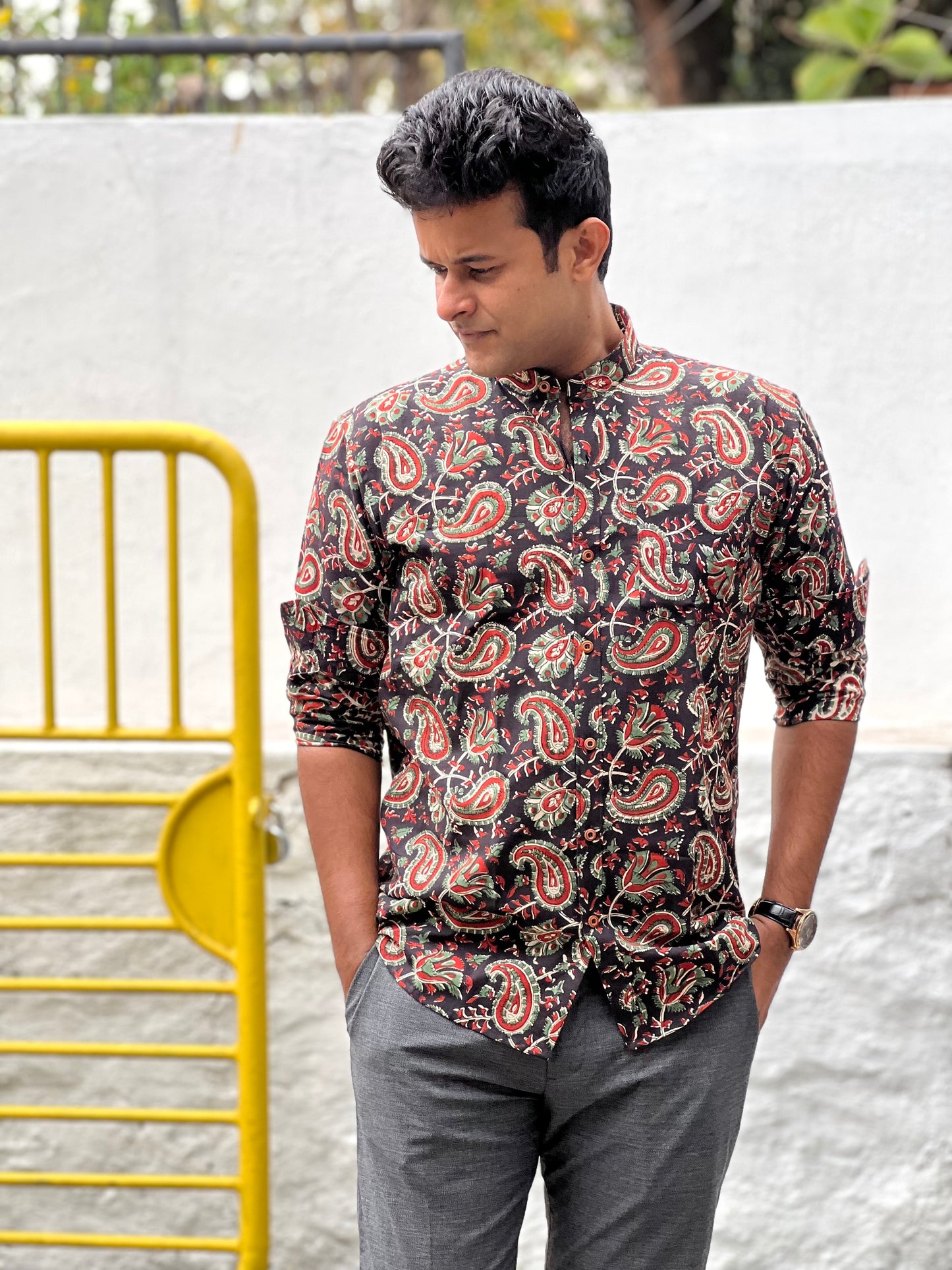 Southloom Jaipur Cotton Black and Red Hand Block Printed Shirt (Full Sleeves)