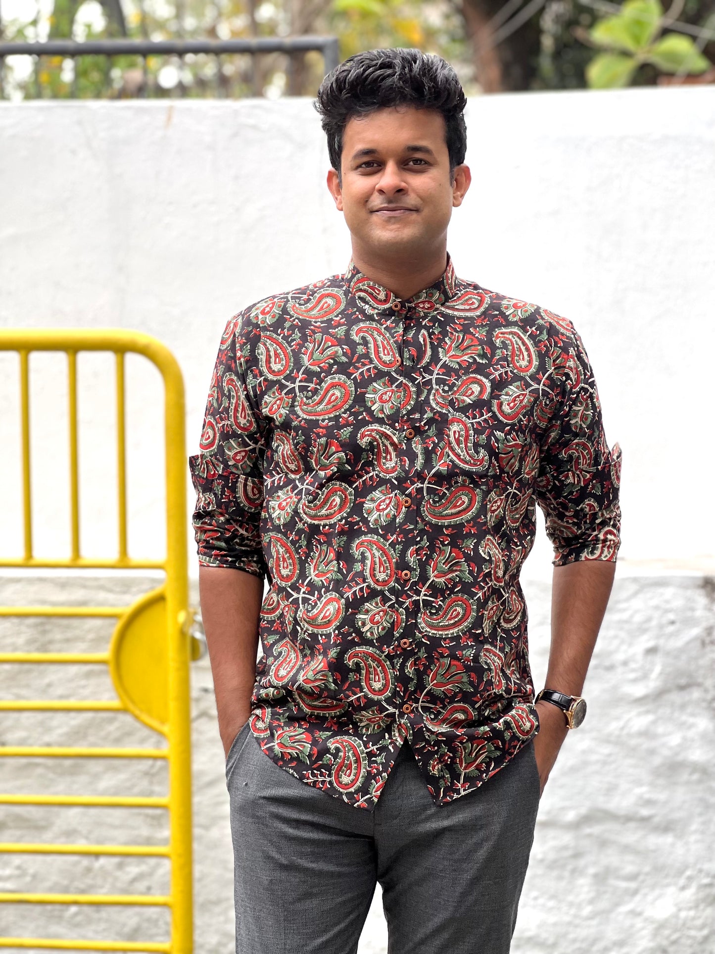 Southloom Jaipur Cotton Black and Red Hand Block Printed Shirt (Full Sleeves)