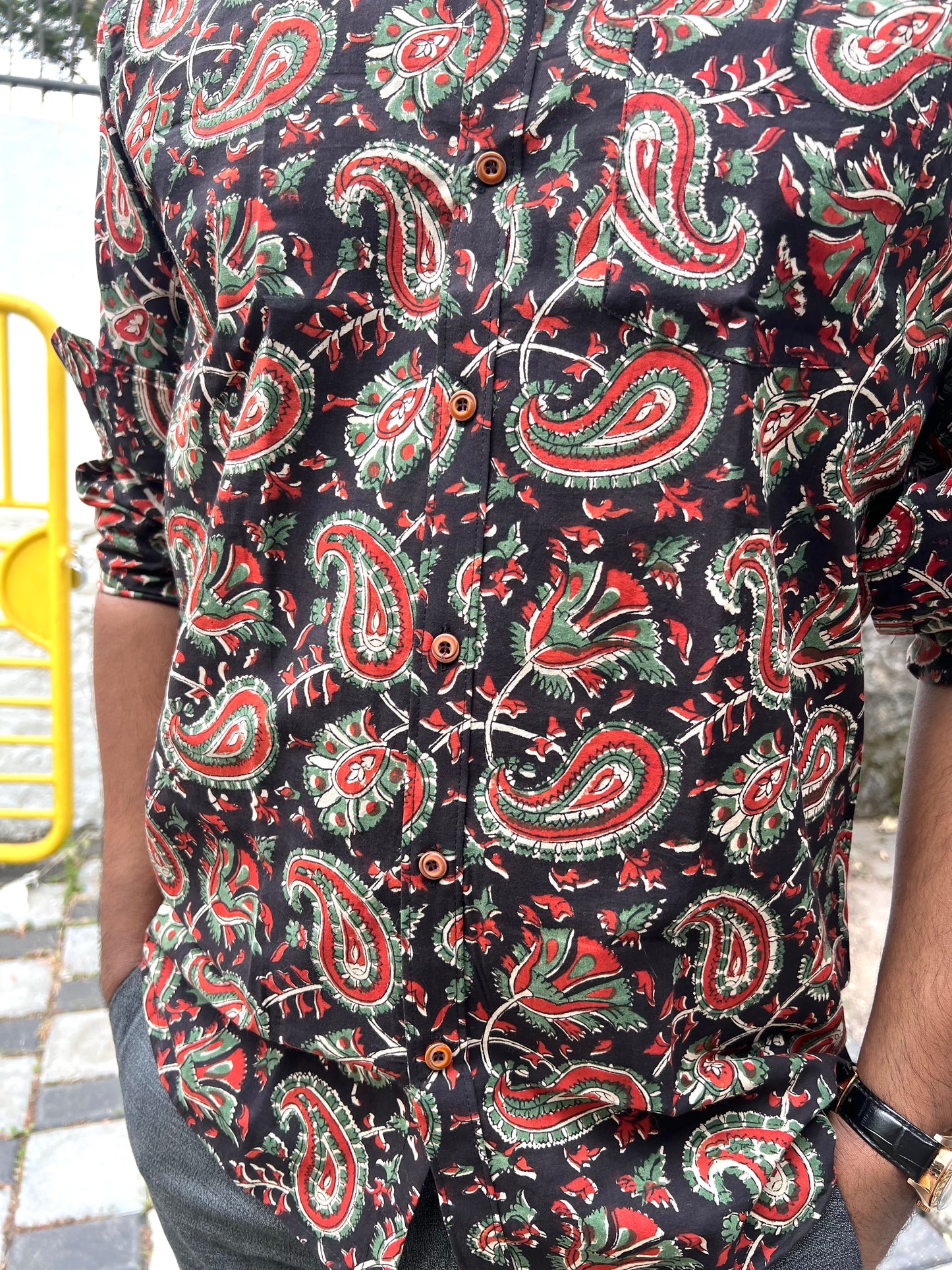 Southloom Jaipur Cotton Black and Red Hand Block Printed Shirt (Full Sleeves)