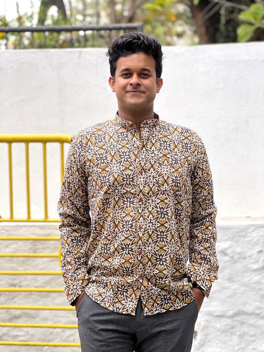 Southloom Jaipur Cotton Brown Hand Block Printed Shirt (Full Sleeves)