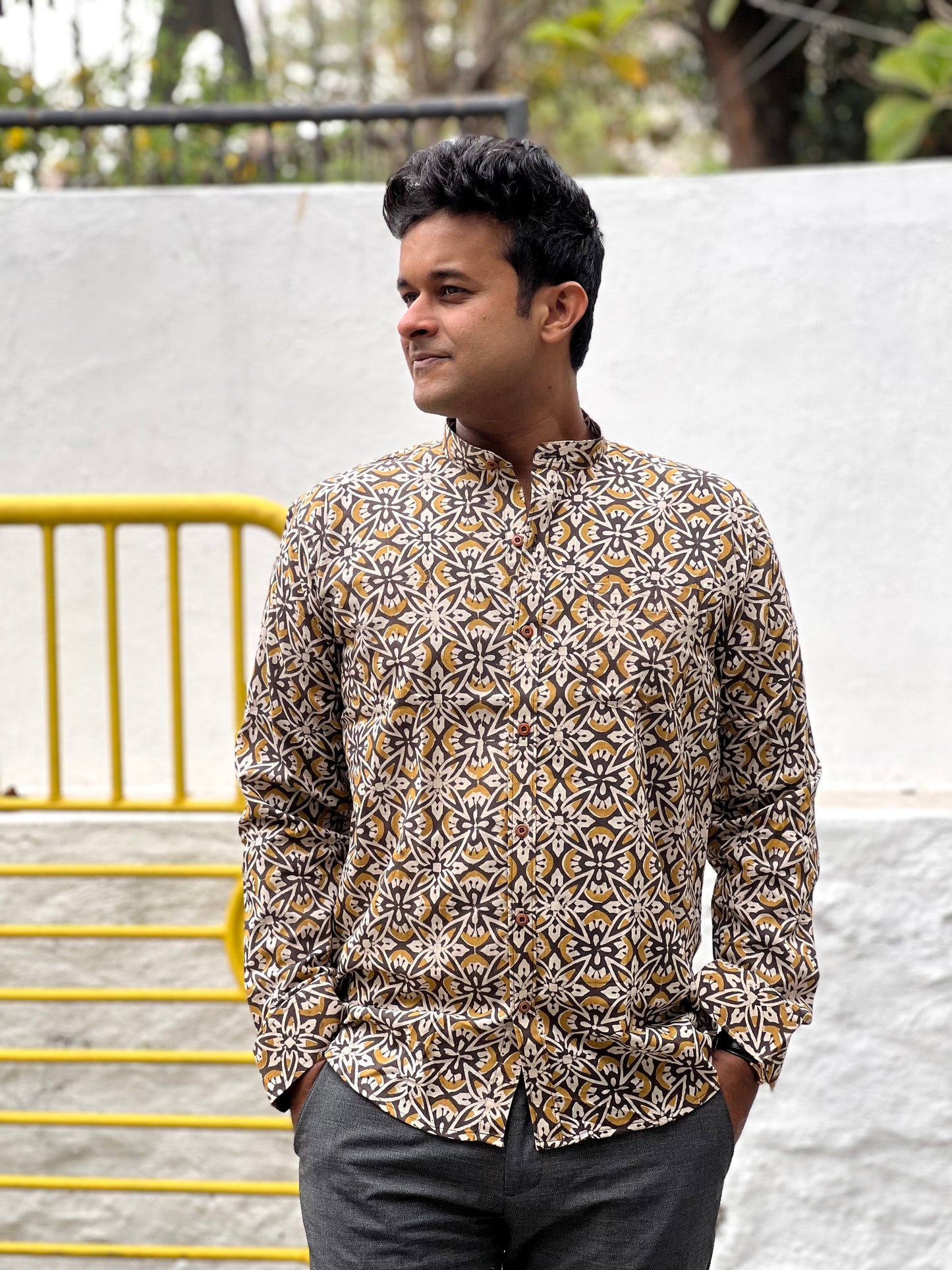 Southloom Jaipur Cotton Brown Hand Block Printed Shirt (Full Sleeves)