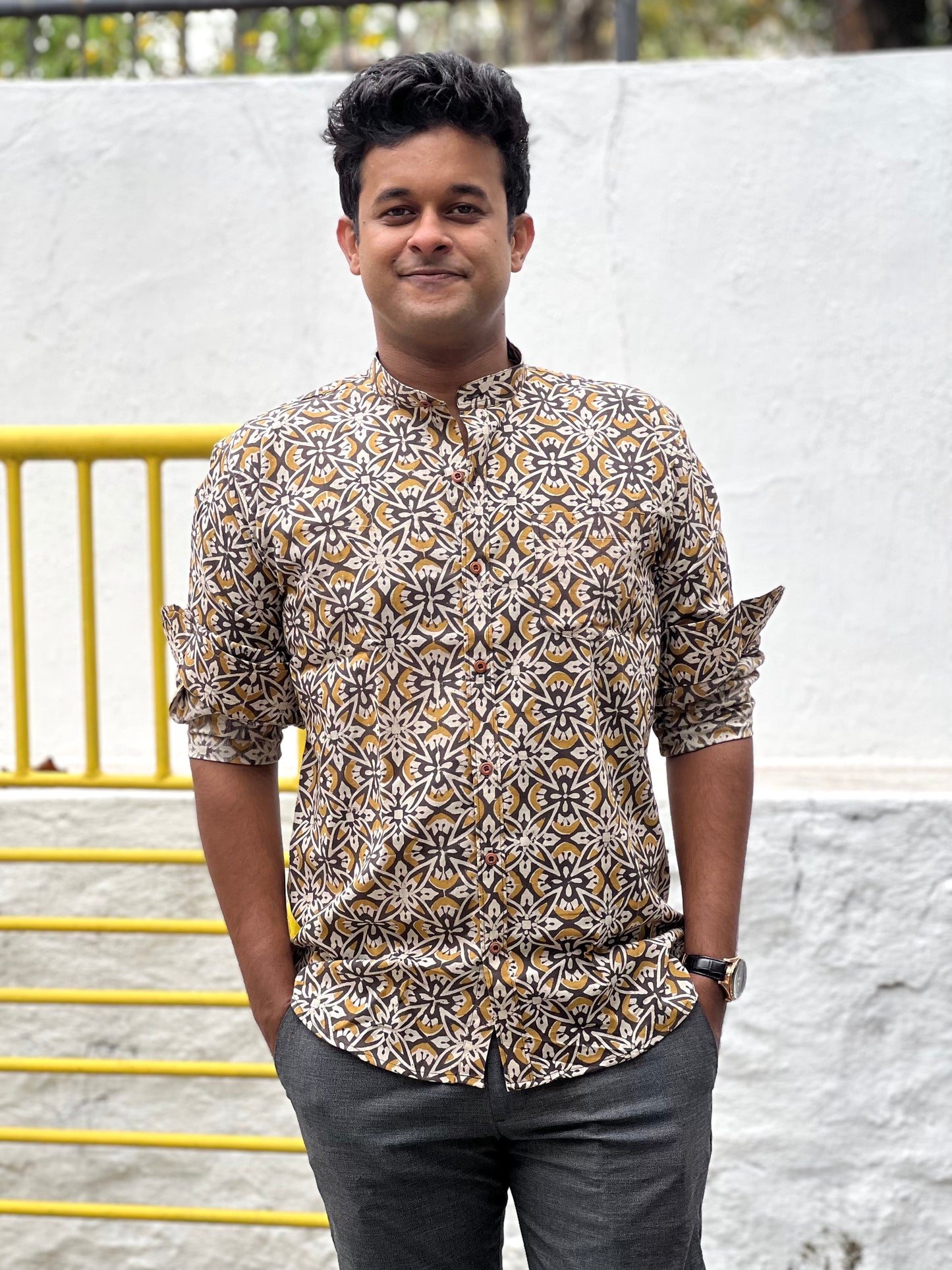 Southloom Jaipur Cotton Brown Hand Block Printed Shirt (Full Sleeves)