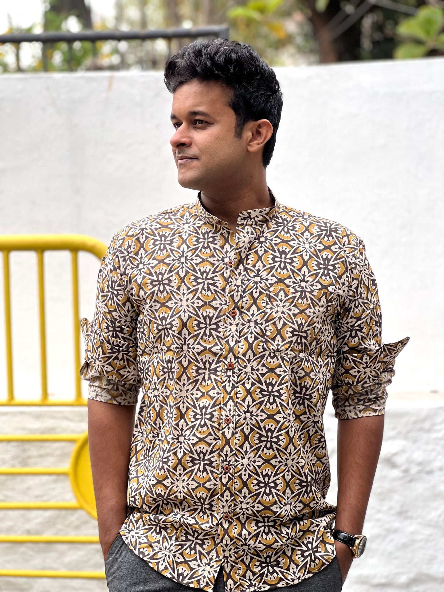 Southloom Jaipur Cotton Brown Hand Block Printed Shirt (Full Sleeves)