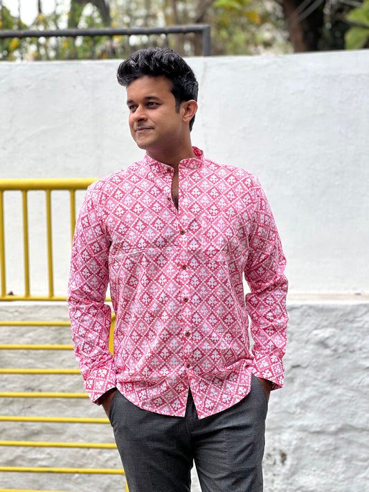 Southloom Jaipur Cotton Pink Hand Block Printed Shirt (Full Sleeves)