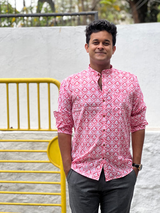 Southloom Jaipur Cotton Pink Hand Block Printed Shirt (Full Sleeves)