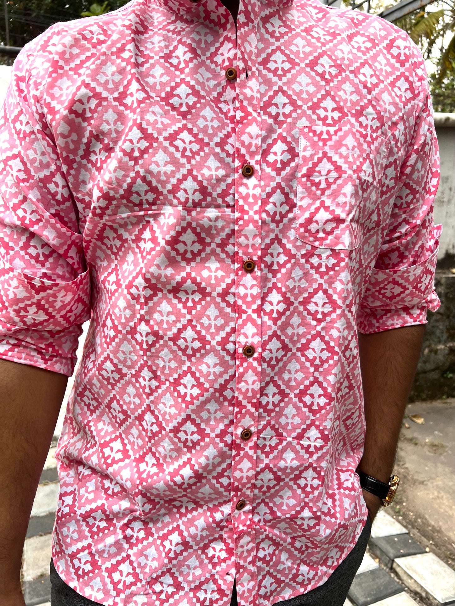 Southloom Jaipur Cotton Pink Hand Block Printed Shirt (Full Sleeves)