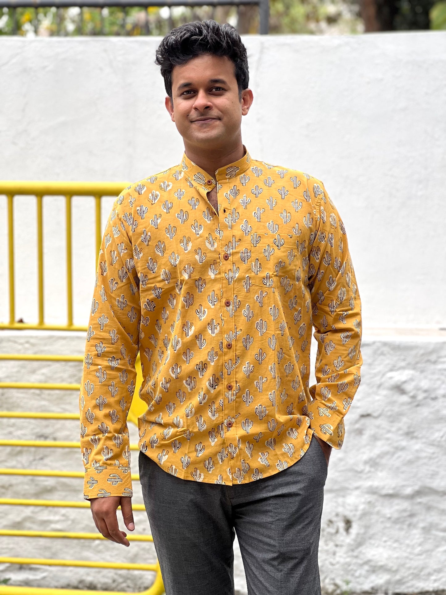 Southloom Jaipur Cotton Yellow Hand Block Printed Shirt (Full Sleeves)