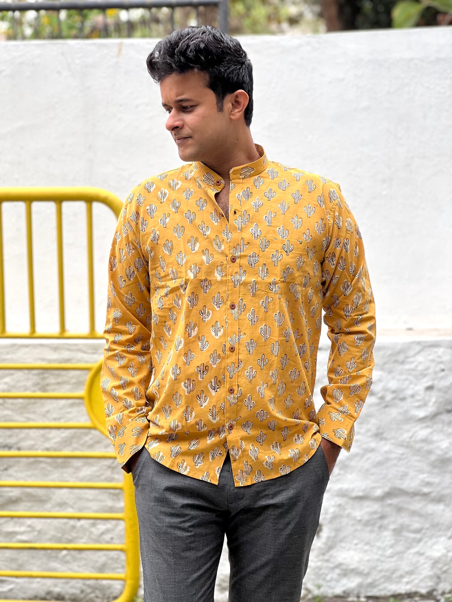 Southloom Jaipur Cotton Yellow Hand Block Printed Shirt (Full Sleeves)