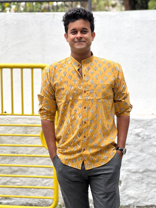 Southloom Jaipur Cotton Yellow Hand Block Printed Shirt (Full Sleeves)