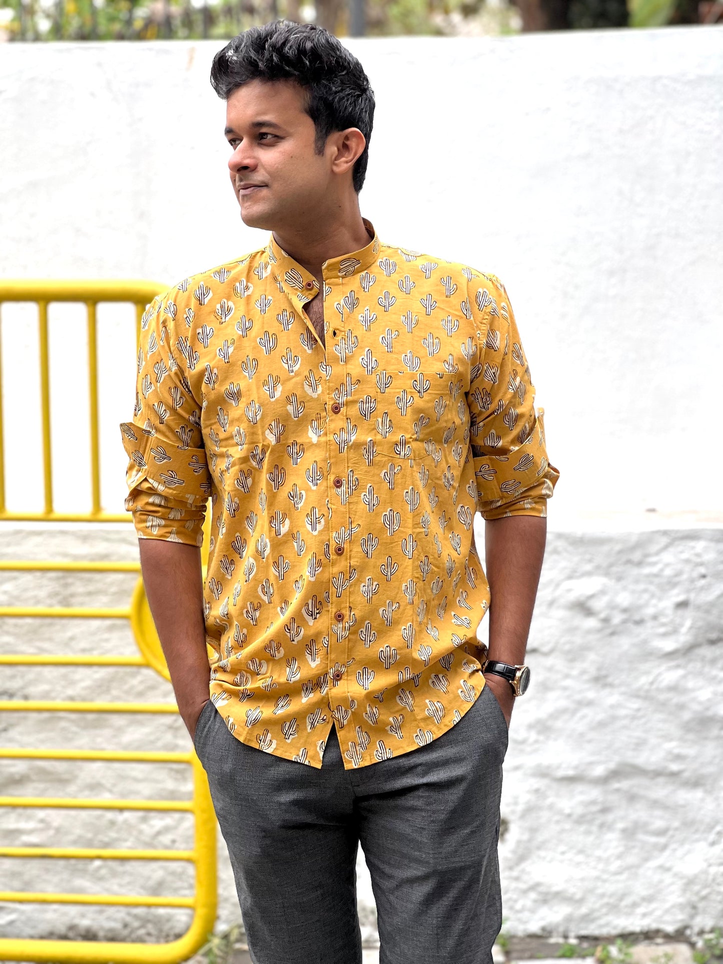 Southloom Jaipur Cotton Yellow Hand Block Printed Shirt (Full Sleeves)