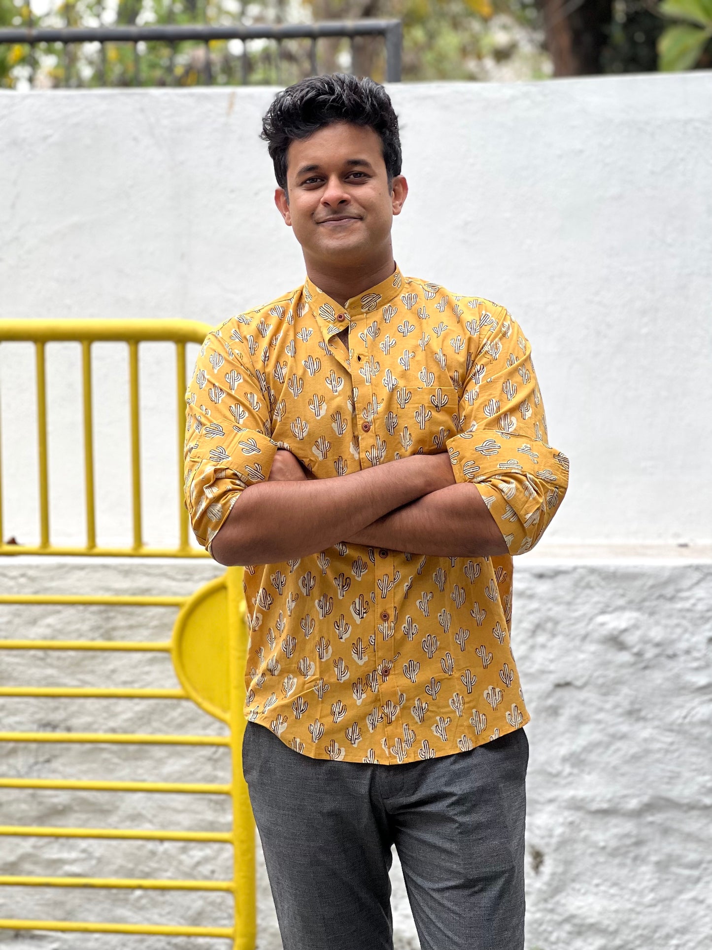 Southloom Jaipur Cotton Yellow Hand Block Printed Shirt (Full Sleeves)