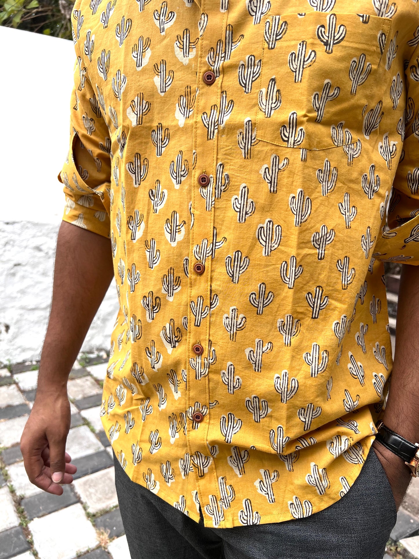 Southloom Jaipur Cotton Yellow Hand Block Printed Shirt (Full Sleeves)