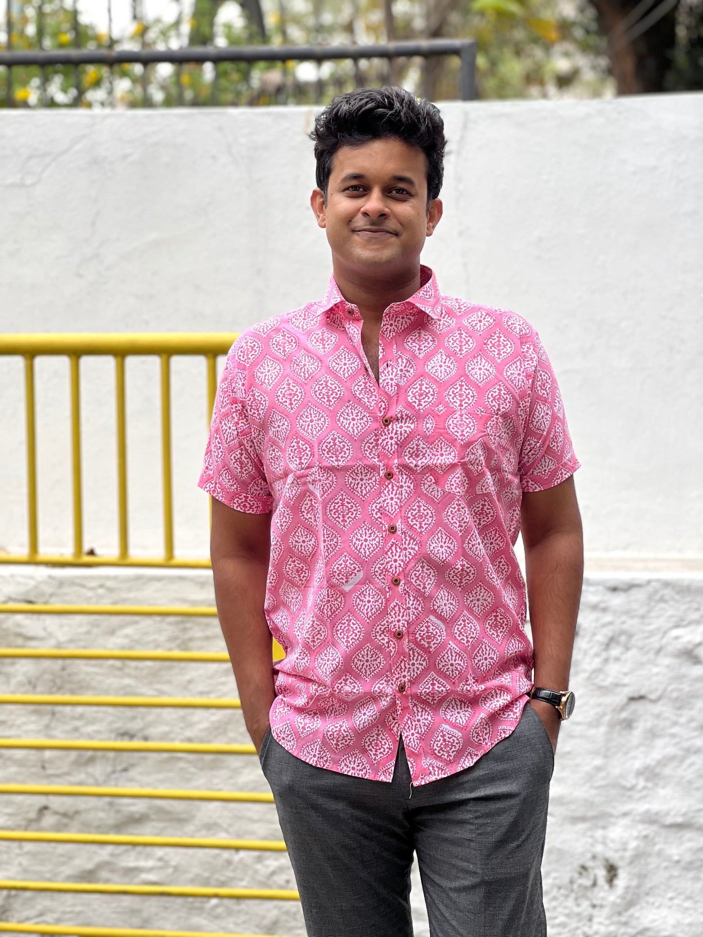 Southloom Jaipur Cotton Pink Hand Block Printed Shirt (Half Sleeves)