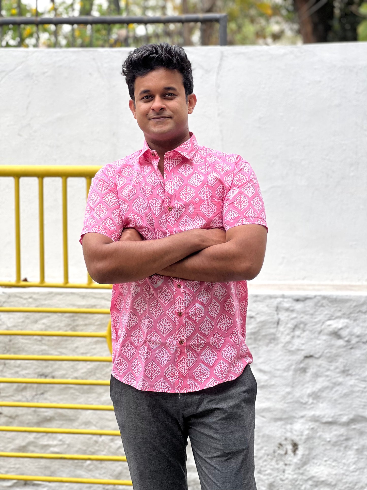 Southloom Jaipur Cotton Pink Hand Block Printed Shirt (Half Sleeves)