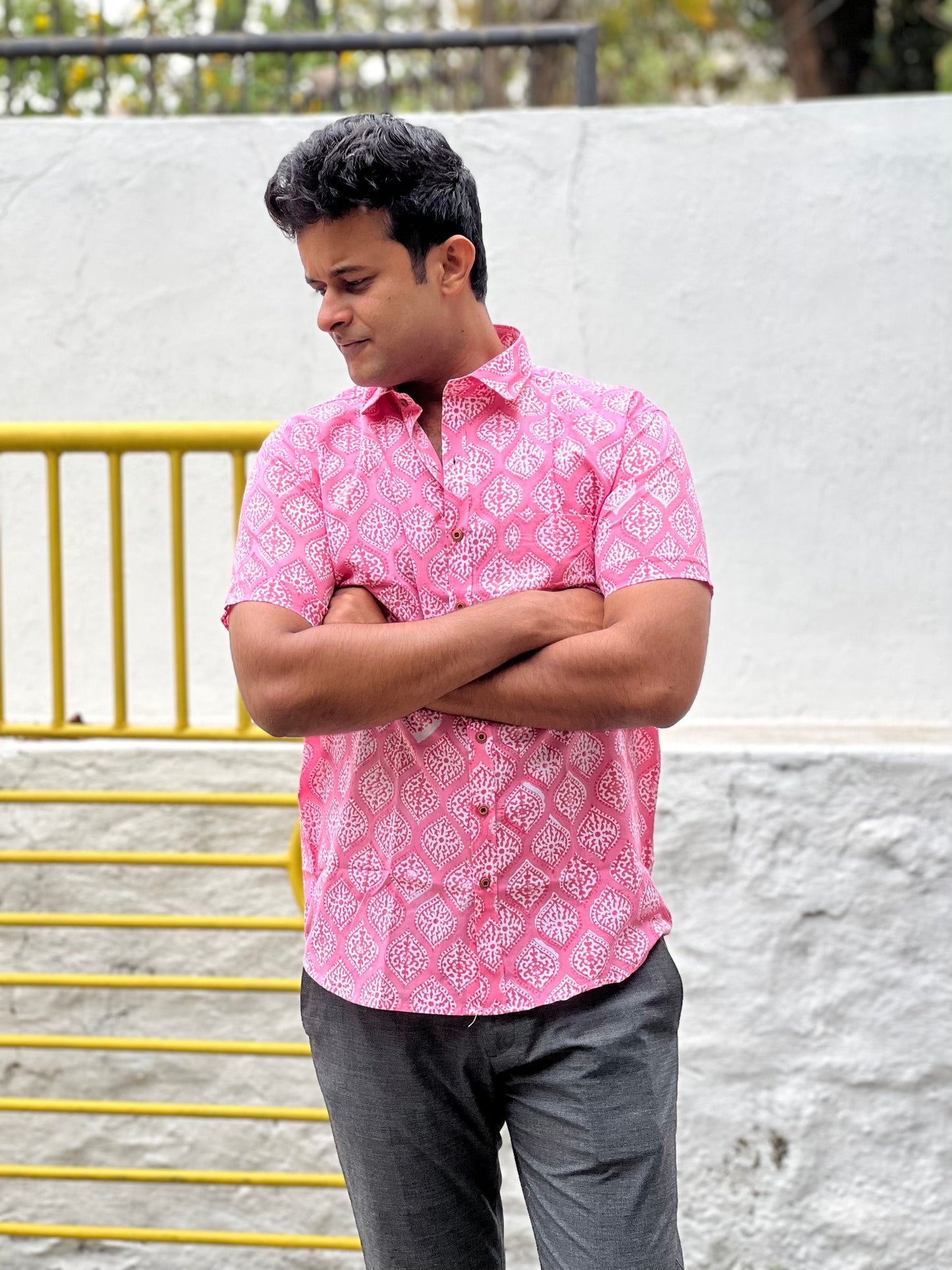 Southloom Jaipur Cotton Pink Hand Block Printed Shirt (Half Sleeves)