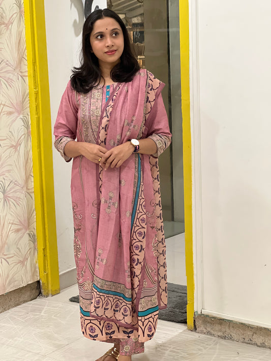 Southloom Stitched Semi Silk Salwar Set With Designer Prints in Pink