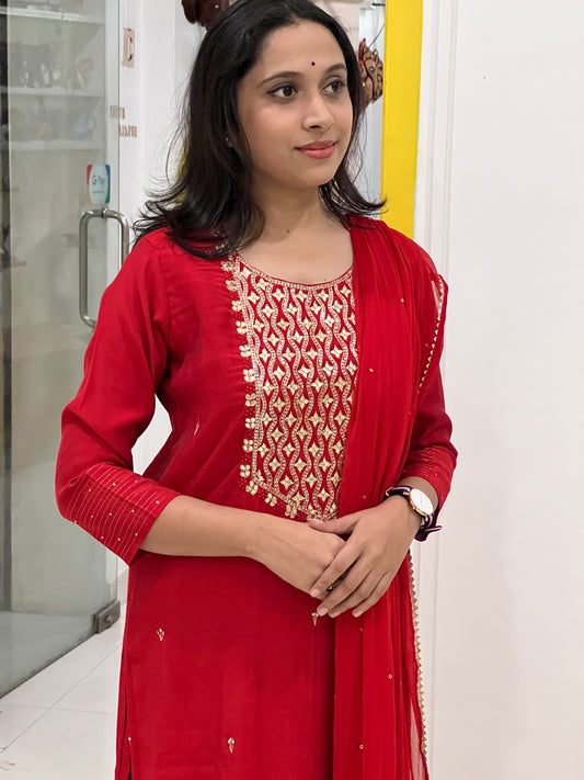 Southloom Stitched Semi Silk Salwar Set in Red and Designer Sequins Works in Yoke Portion