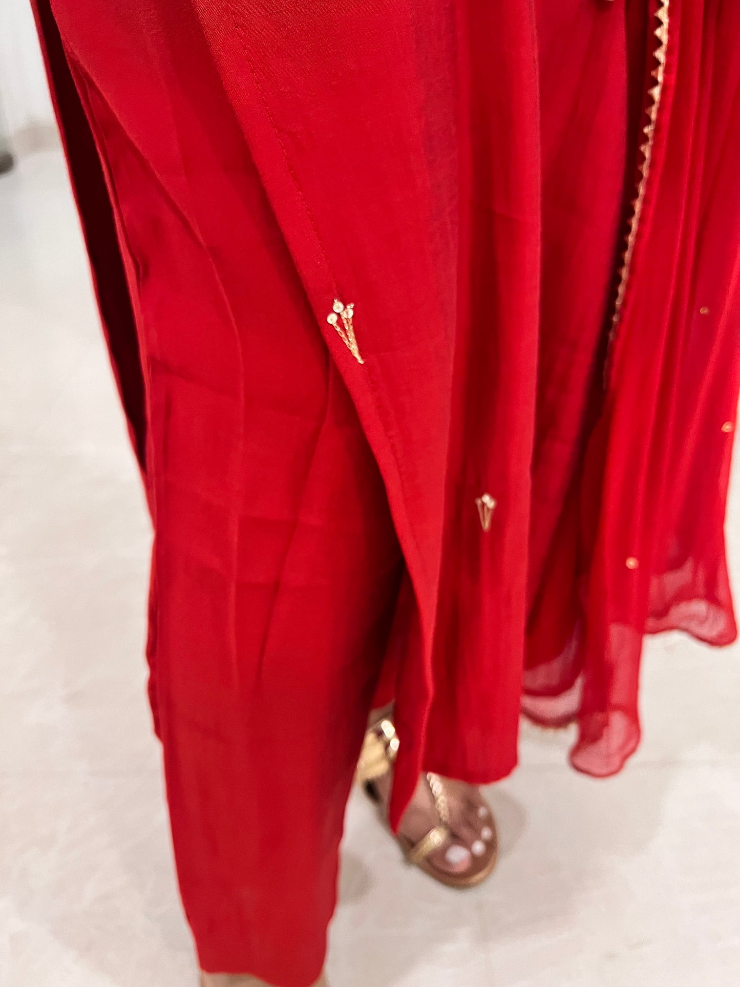 Southloom Stitched Semi Silk Salwar Set in Red and Designer Sequins Works in Yoke Portion