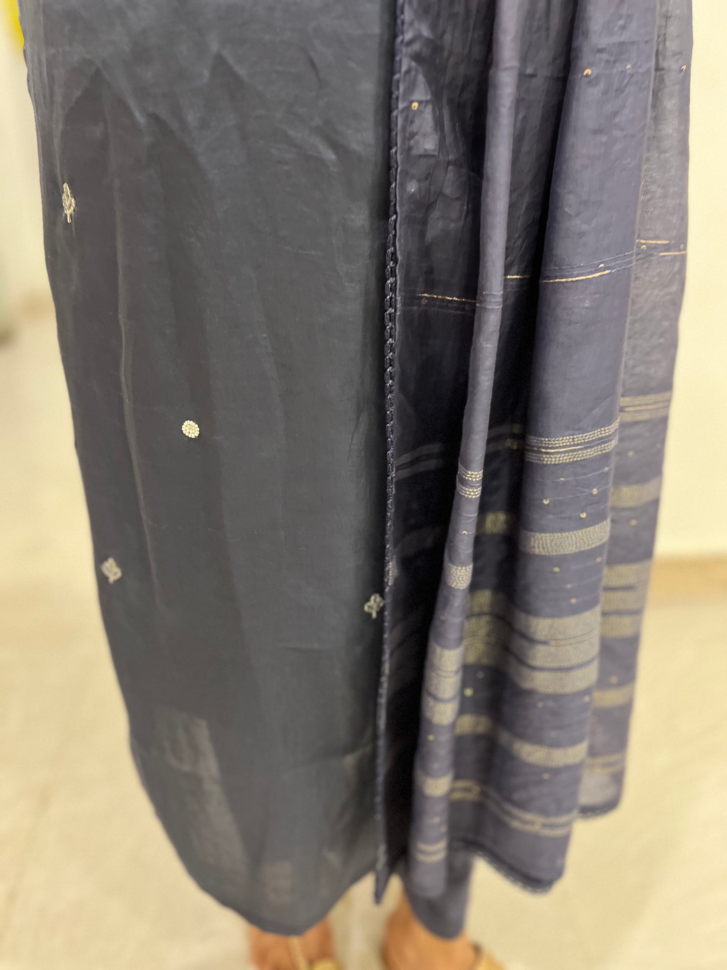 Southloom Stitched Semi Silk Salwar Set in Dark Grey and Designer Sequins Works in Yoke Portion
