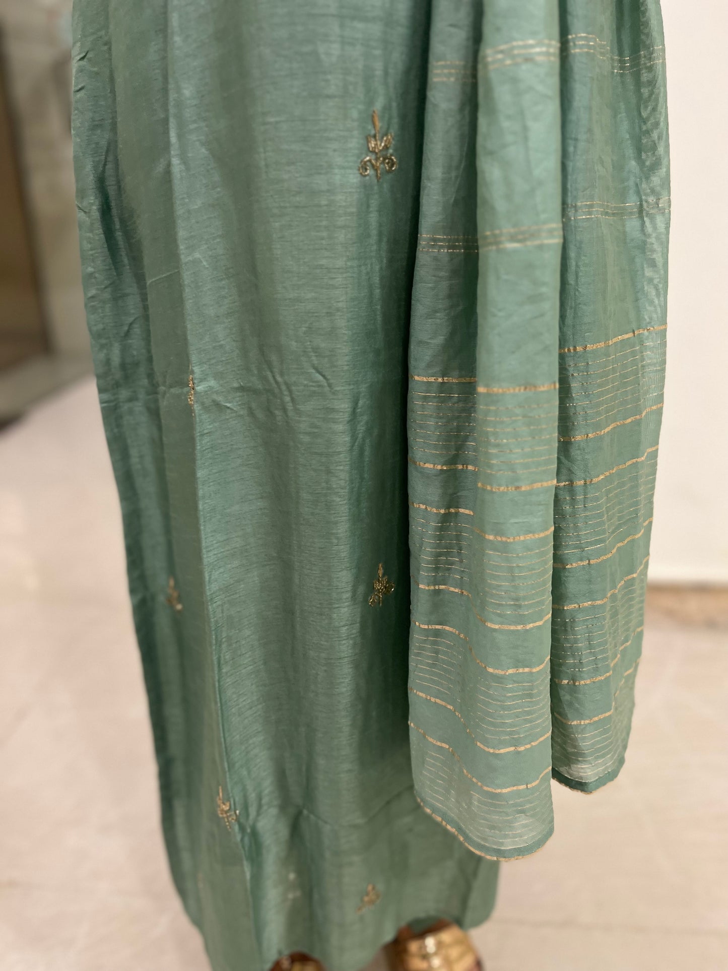 Southloom Stitched Semi Silk Salwar Set in Green and Designer Sequins Works in Yoke Portion