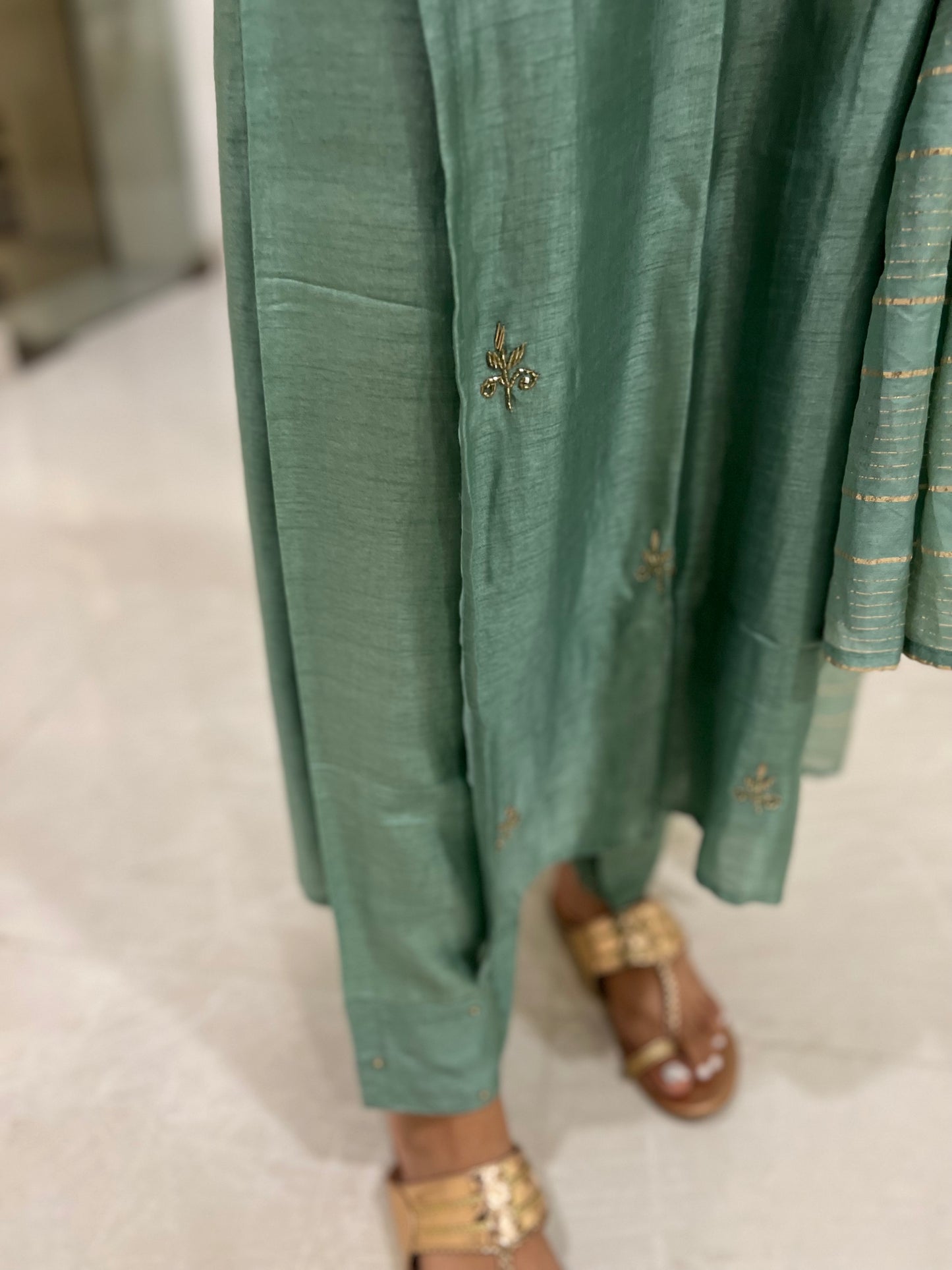 Southloom Stitched Semi Silk Salwar Set in Green and Designer Sequins Works in Yoke Portion