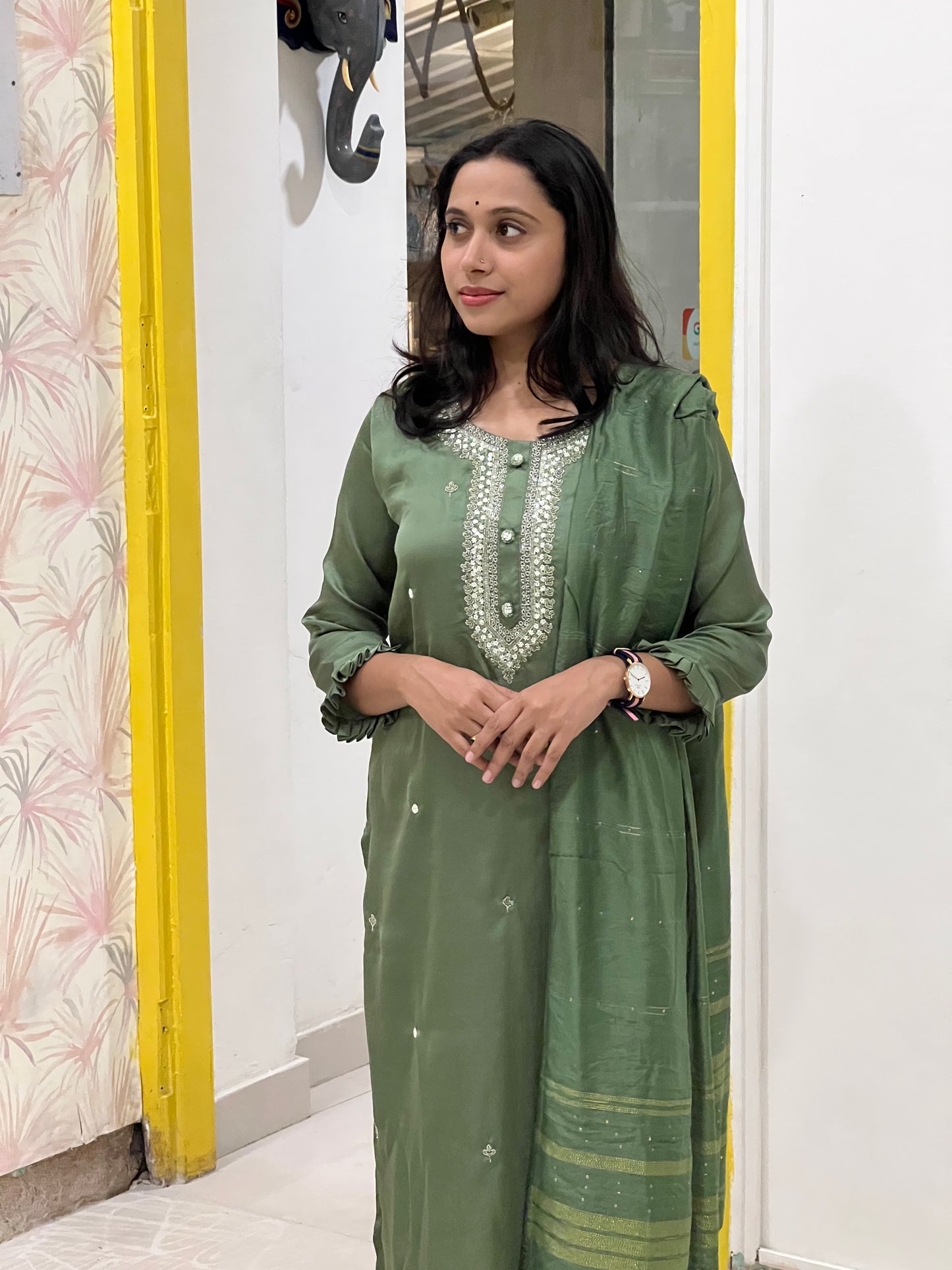 Southloom Stitched Semi Silk Salwar Set in Green and Designer Sequins Works in Yoke Portion