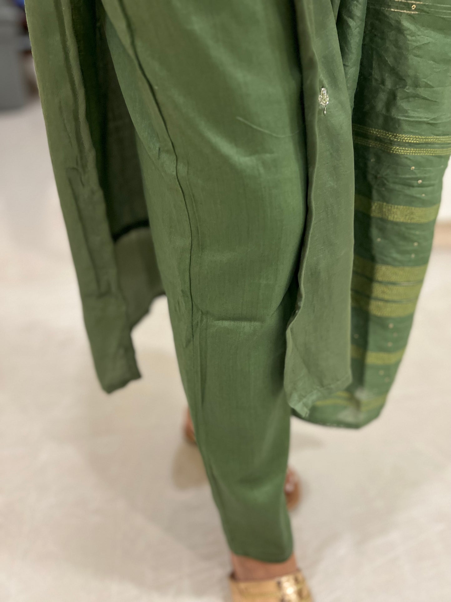 Southloom Stitched Semi Silk Salwar Set in Green and Designer Sequins Works in Yoke Portion