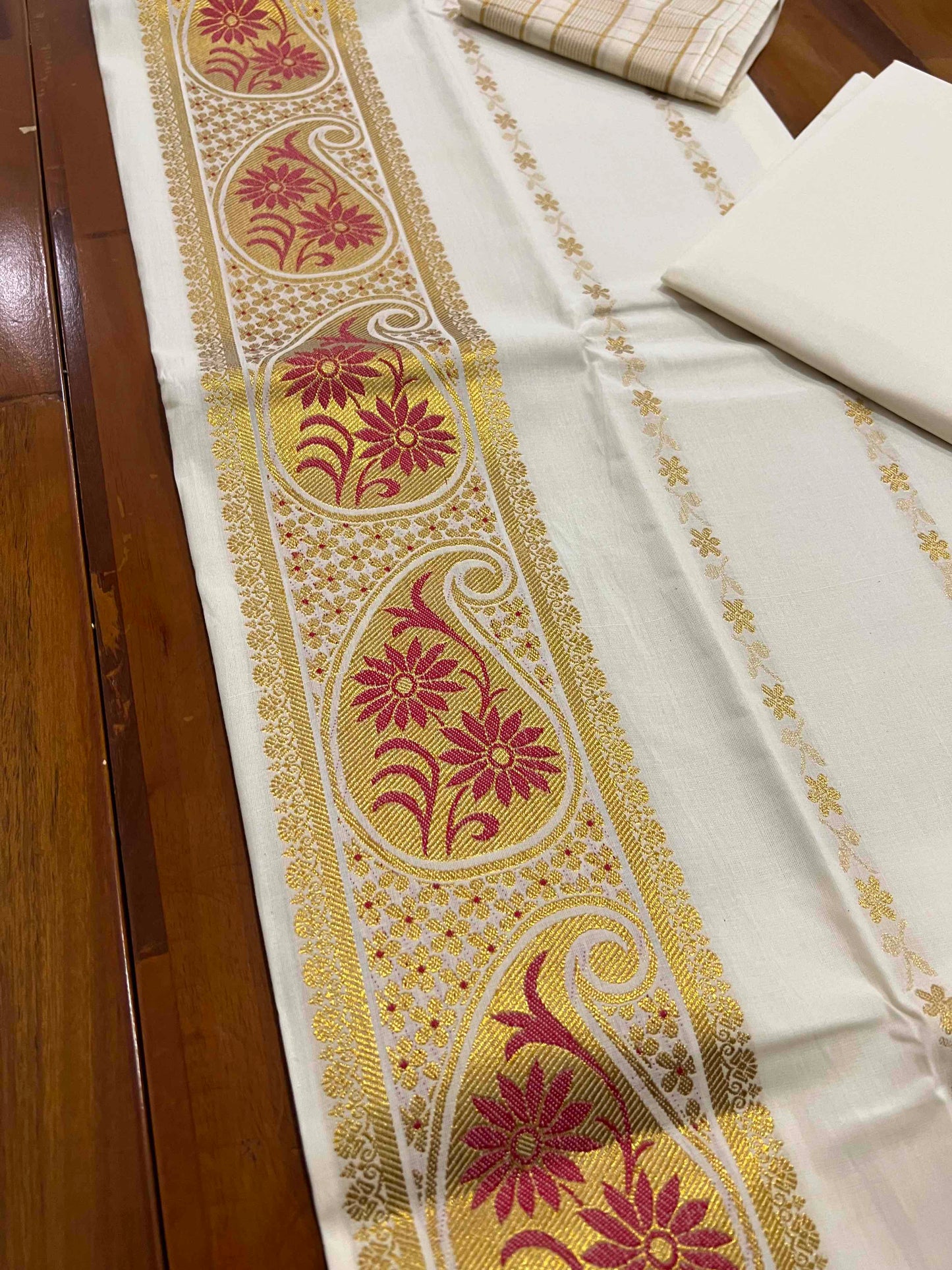 Kerala Cotton Churidar Salwar Material with Floral Woven Design (include Checkered Shawl / Dupatta)