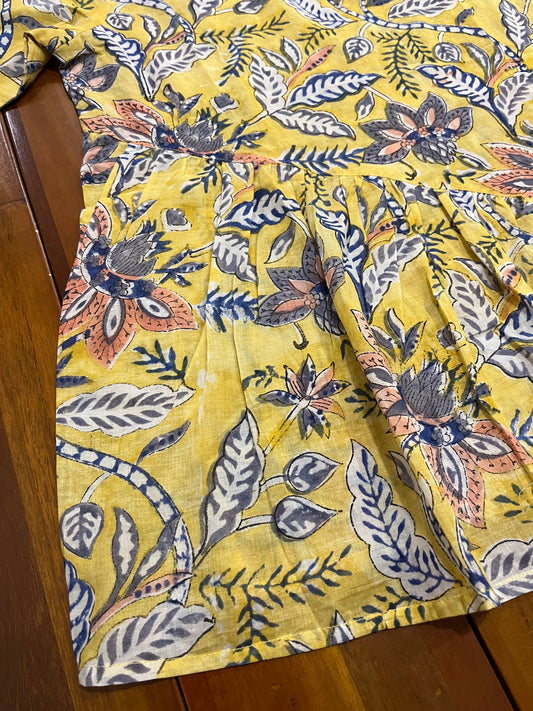Southloom Jaipur Cotton Floral Hand Block Printed Yellow Top (Half Sleeves)