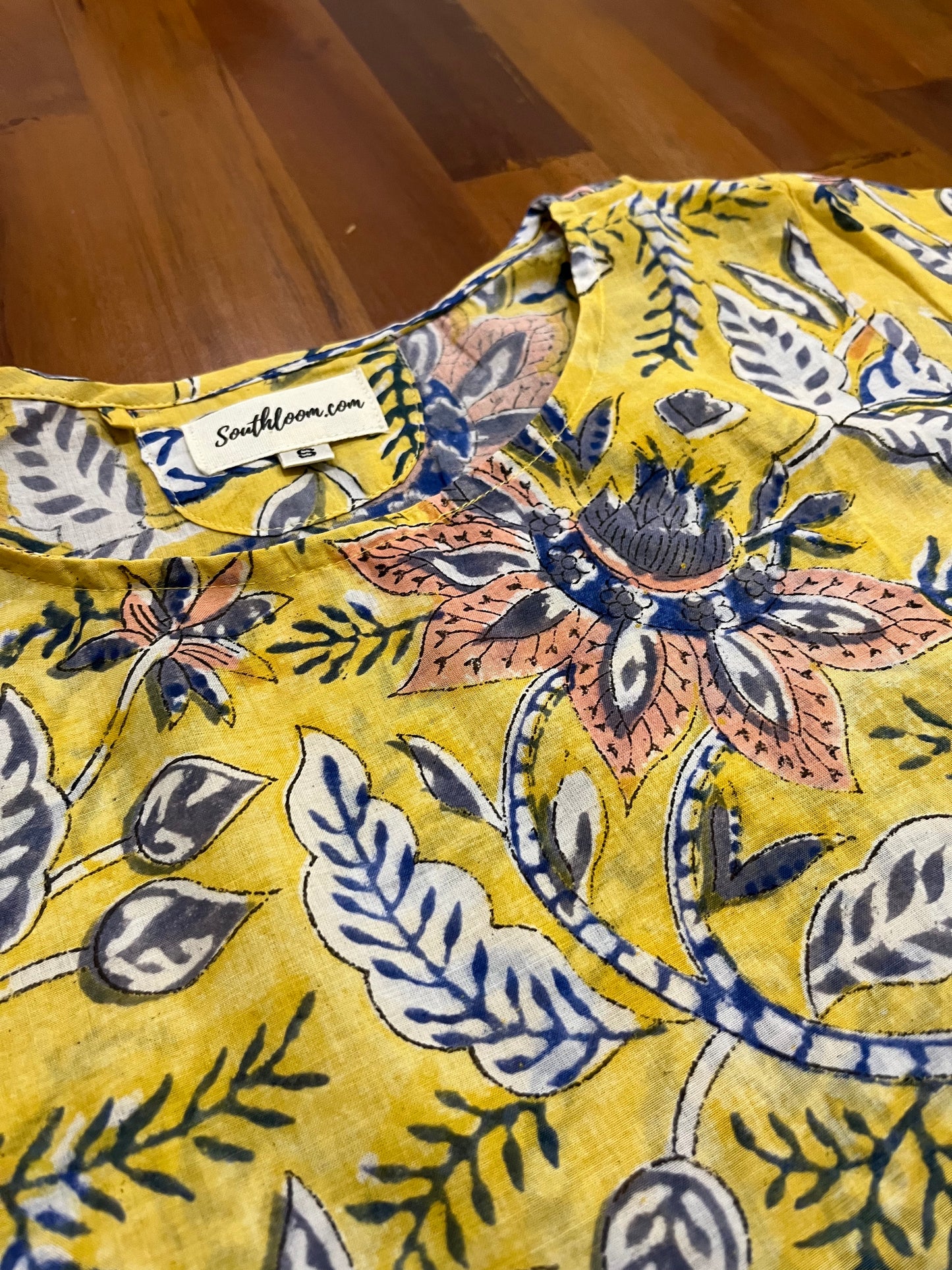 Southloom Jaipur Cotton Floral Hand Block Printed Yellow Top (Half Sleeves)