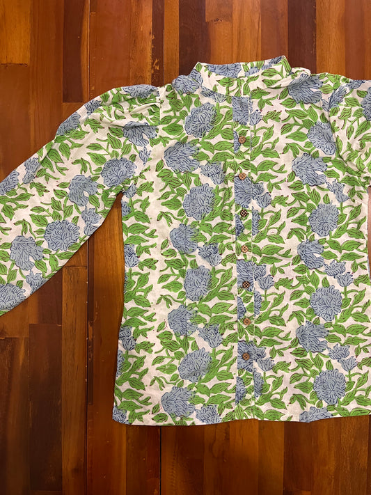 Southloom Jaipur Cotton Green and Blue Floral Hand Block Printed Top (Full Sleeves)
