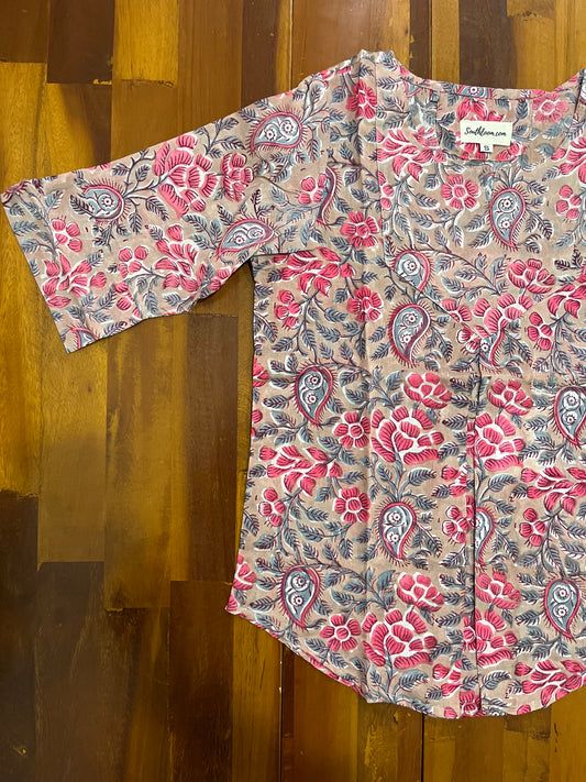 Southloom Jaipur Cotton Red Floral Hand Block Printed Brown Top (Half Sleeves)