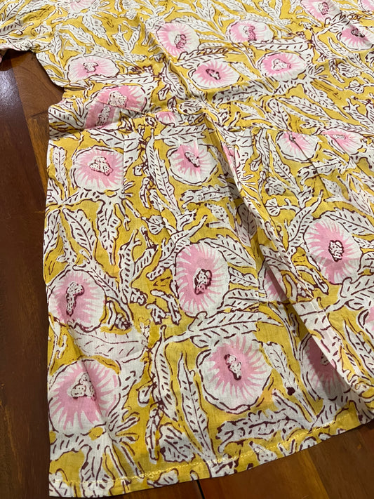 Southloom Jaipur Cotton Pink Floral Hand Block Printed Yellow Top (Half Sleeves)
