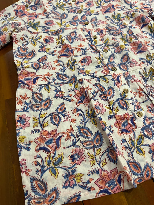 Southloom Jaipur Cotton Pink and Blue Floral Hand Block Printed White Top (Half Sleeves)