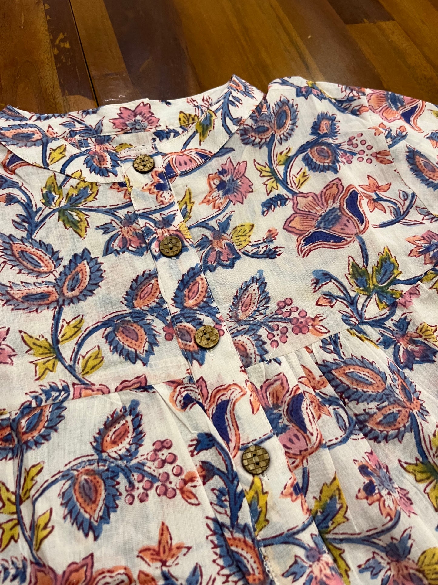 Southloom Jaipur Cotton Pink and Blue Floral Hand Block Printed White Top (Half Sleeves)