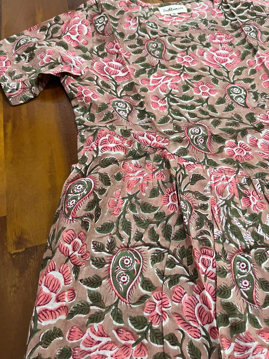 Southloom Jaipur Cotton Pink and Green Floral Hand Block Printed Brown Top (Half Sleeves)