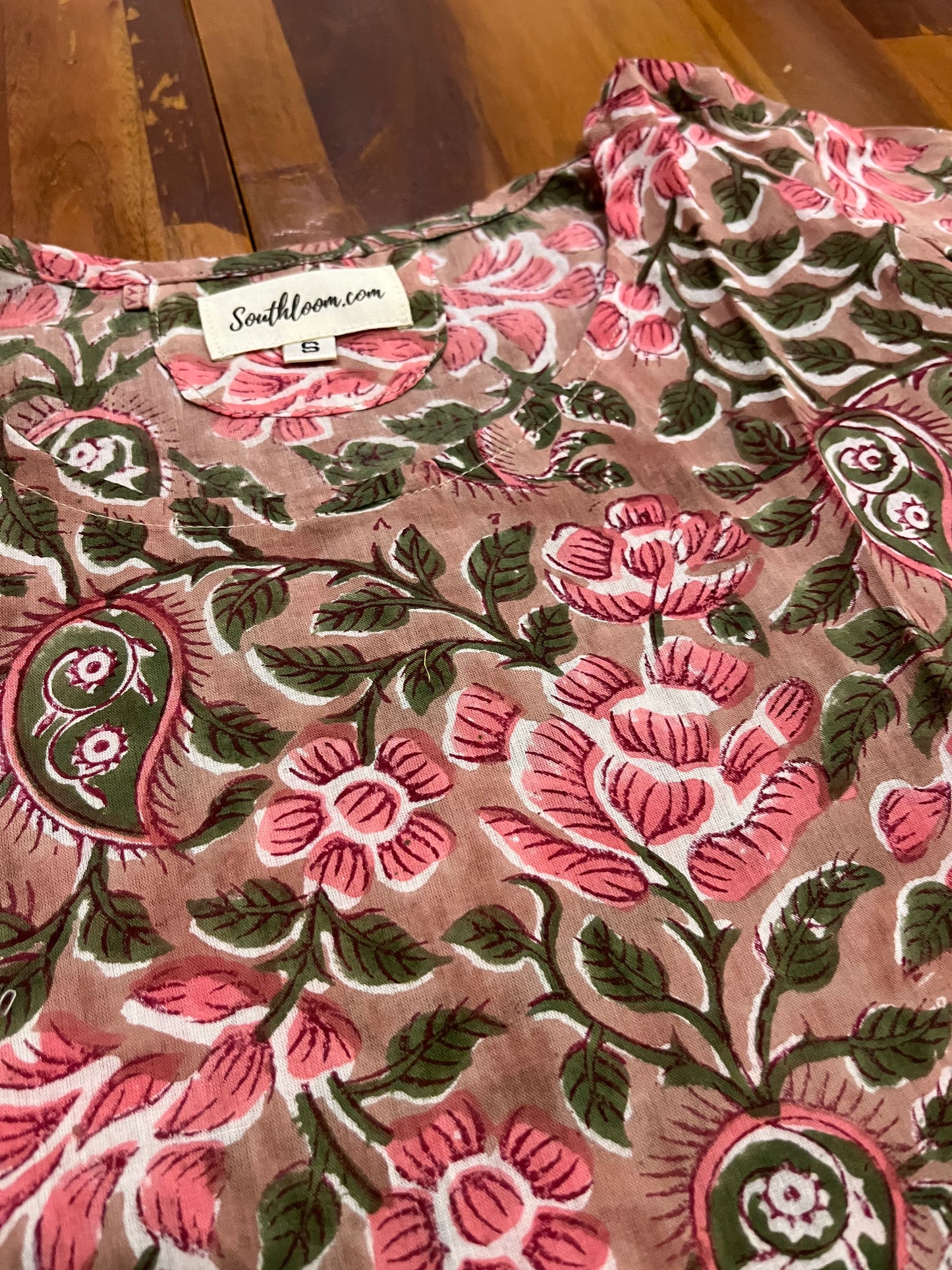 Southloom Jaipur Cotton Pink and Green Floral Hand Block Printed Brown Top (Half Sleeves)