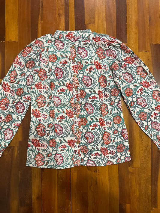Southloom Jaipur Cotton Green and Red Floral Hand Block Printed White Top (Full Sleeves)