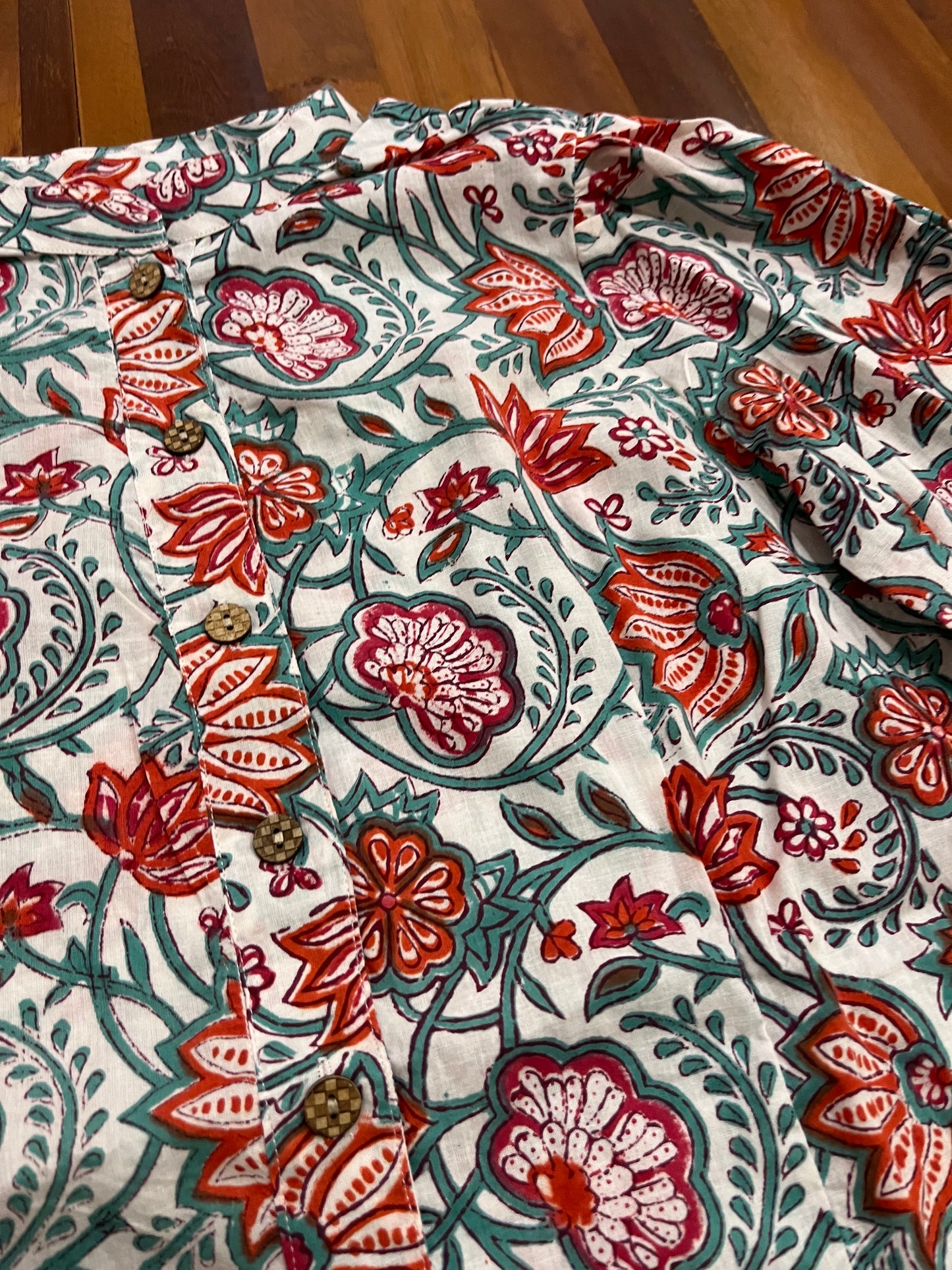 Southloom Jaipur Cotton Green and Red Floral Hand Block Printed White Top (Full Sleeves)