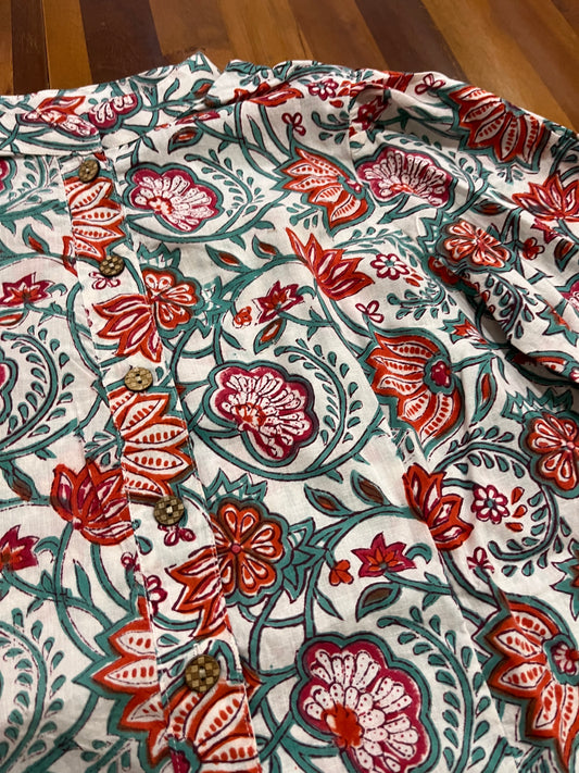 Southloom Jaipur Cotton Green and Red Floral Hand Block Printed White Top (Full Sleeves)