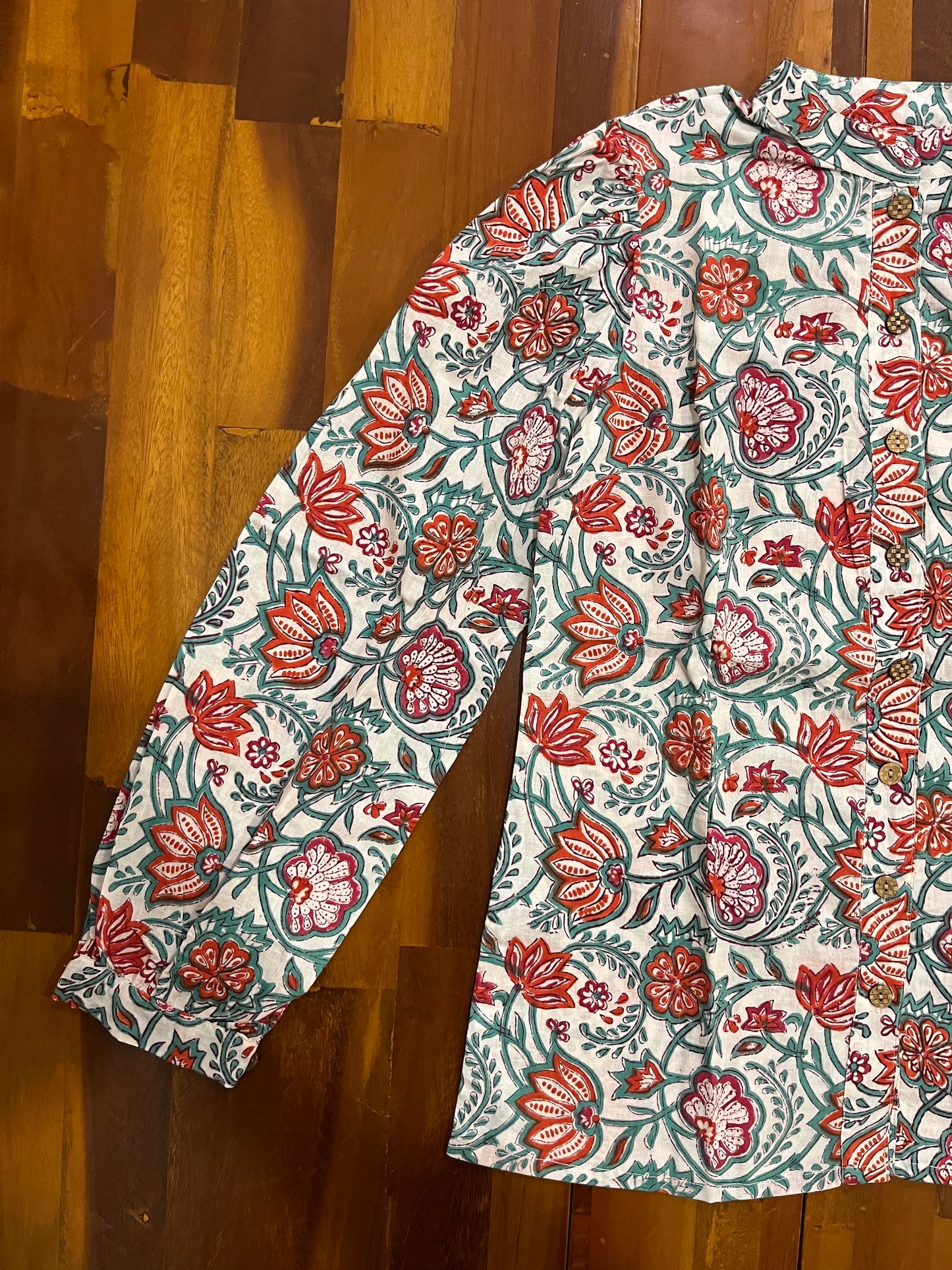 Southloom Jaipur Cotton Green and Red Floral Hand Block Printed White Top (Full Sleeves)